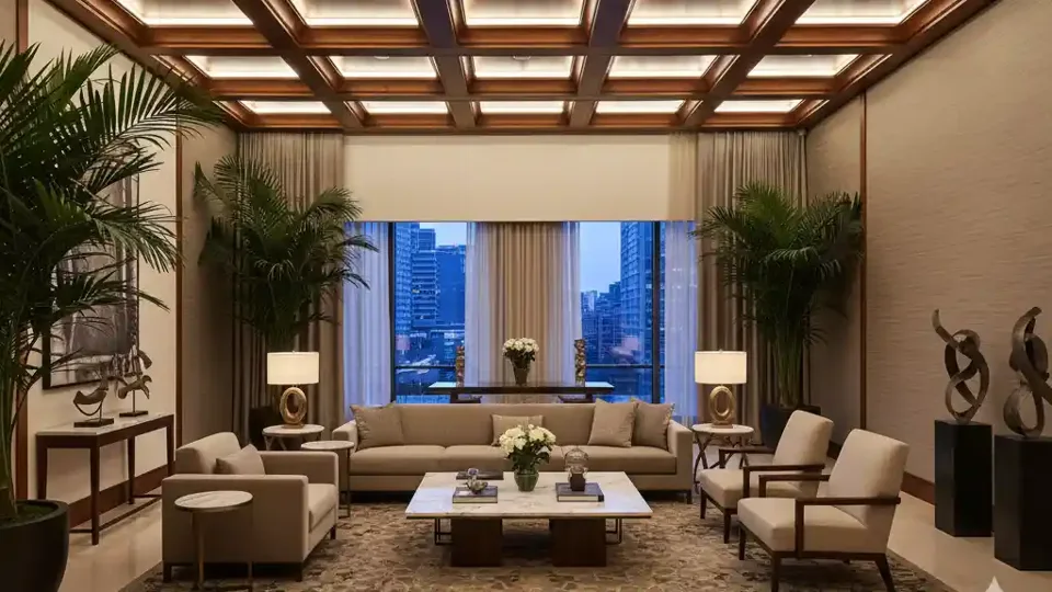 Living room with a dark coffered ceiling grid and illuminated recessed panels.