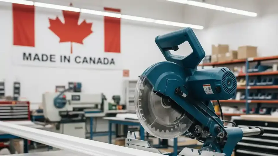 Workshop illustration with a mitre saw and a Made in Canada sign.