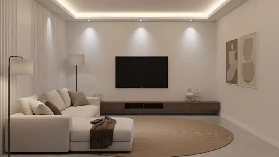 Living room illustration with pale wall mouldings and recessed ceiling lighting.