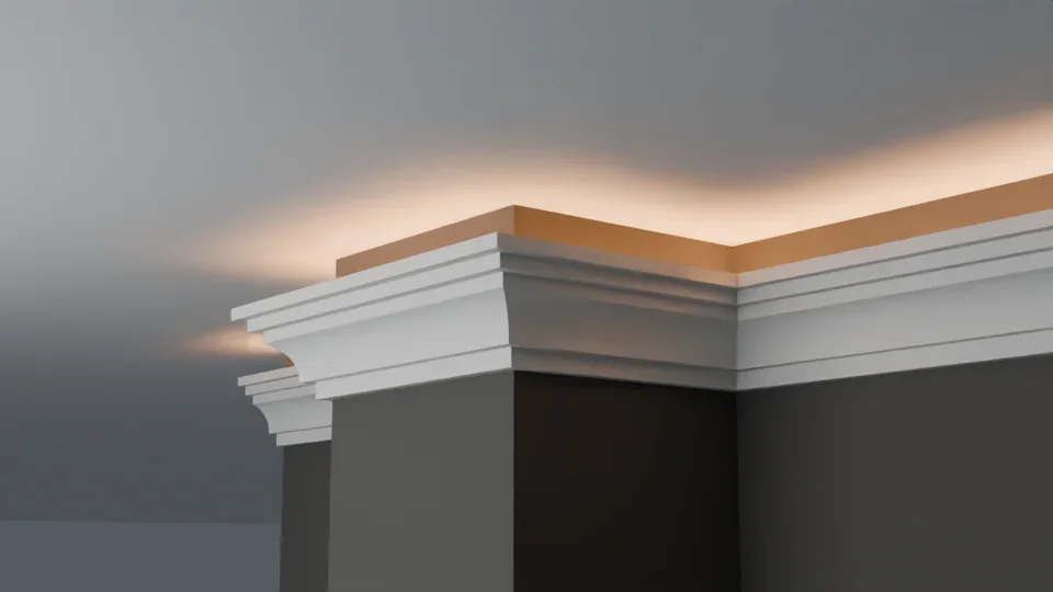 LC-02 moulding illustration with layered trim and warm concealed lighting.