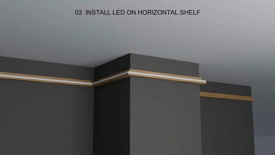 Installation illustration showing an LED strip on a horizontal support before the moulding is fitted.