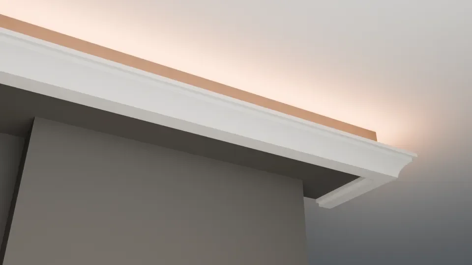 Upward view of the LC-07 moulding illustration, showing its straight lower bands and ceiling glow.