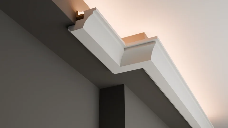 Underside illustration of LC-07 following an offset wall corner with lighting concealed above.