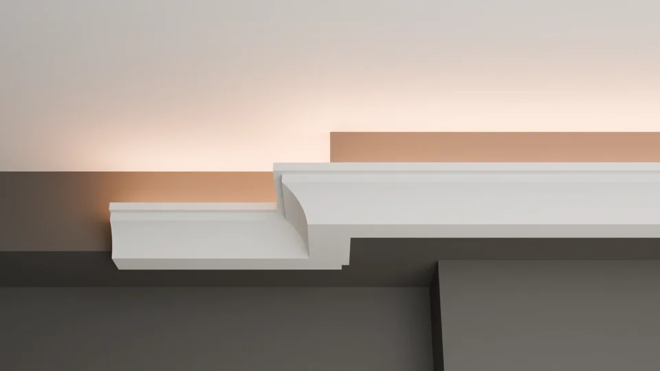 Front illustration of LC-07 following a wall offset beneath warm indirect lighting.
