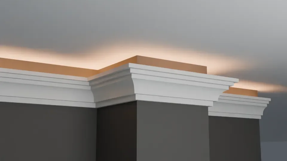 LC-02 white moulding wrapping an outside corner, with warm indirect light above.