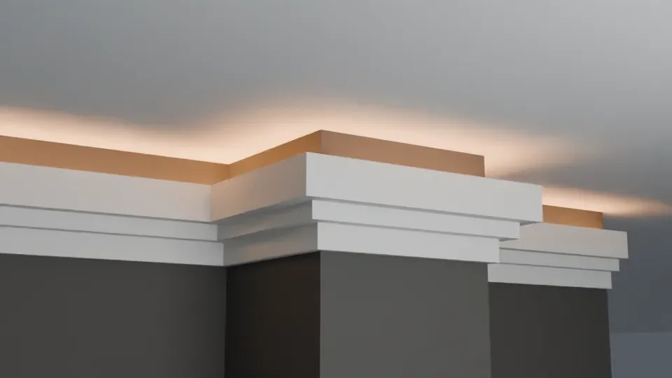 LC-03 light-cove moulding with a straight stepped profile around an outside corner.