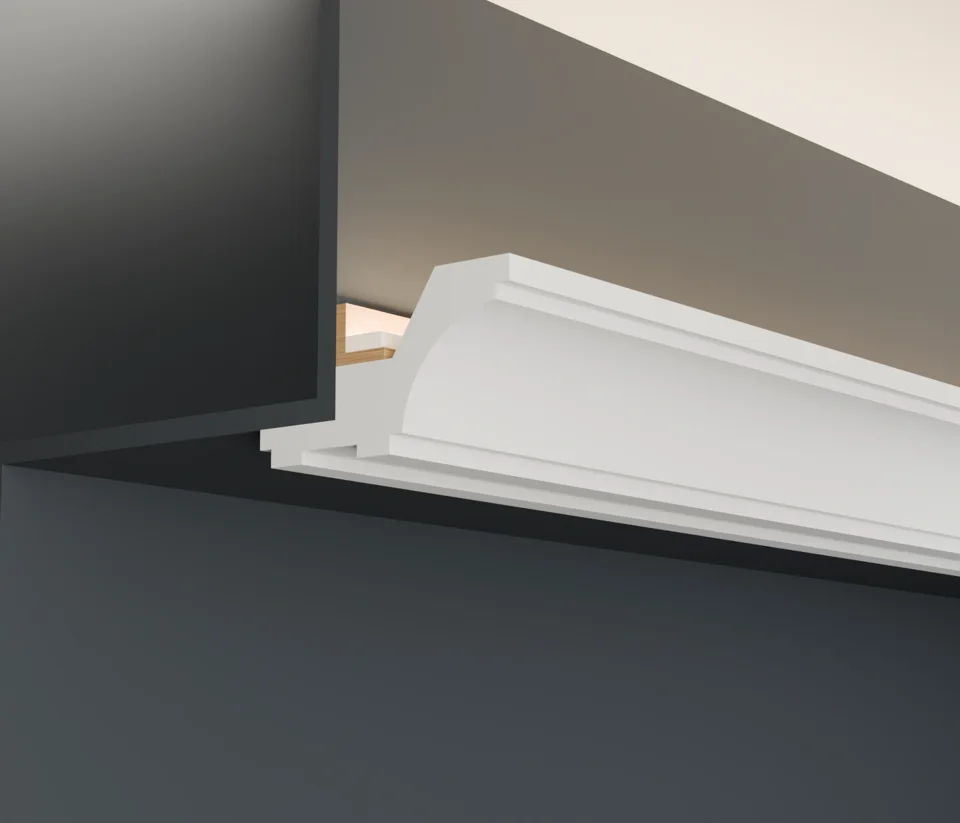 Close-up illustration of an LC-01 moulding corner beneath a light cove.