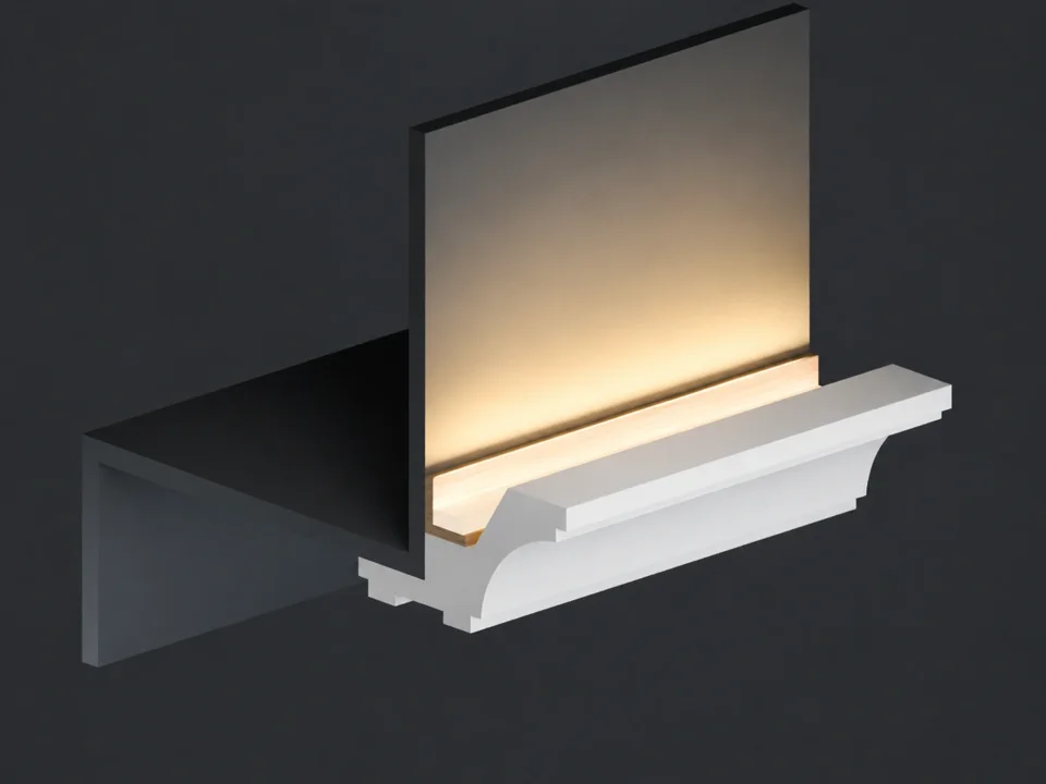 Cutaway illustration of the LC-01 profile with the light source concealed behind the moulding.