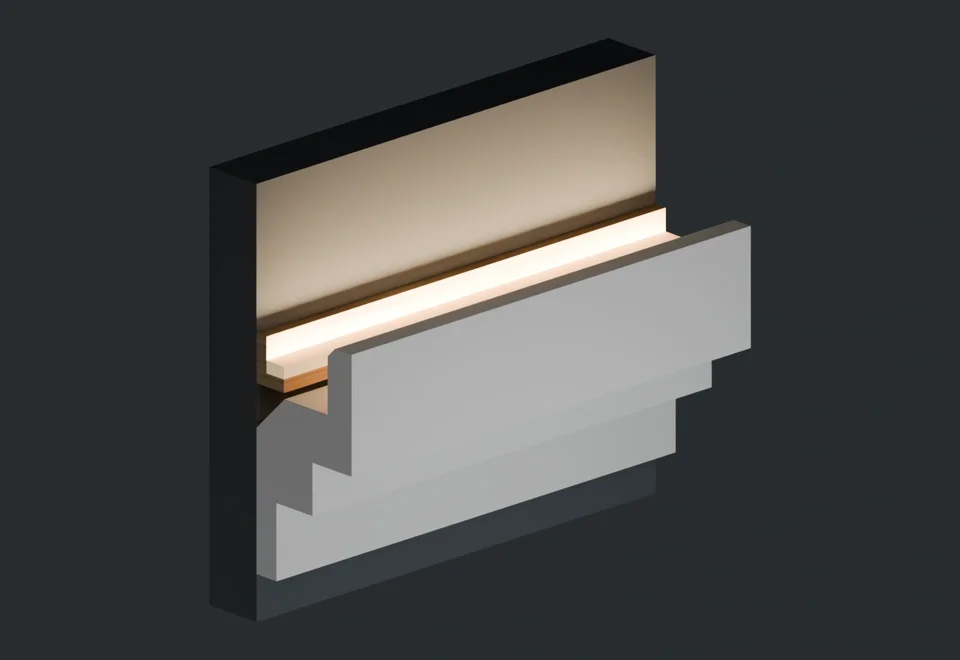 Cutaway illustration of the stepped LC-03 profile and concealed upward light.
