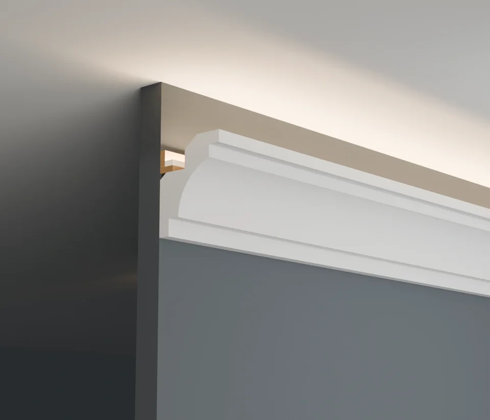 Close-up illustration of the shaped LC-04 moulding face below a light cove.