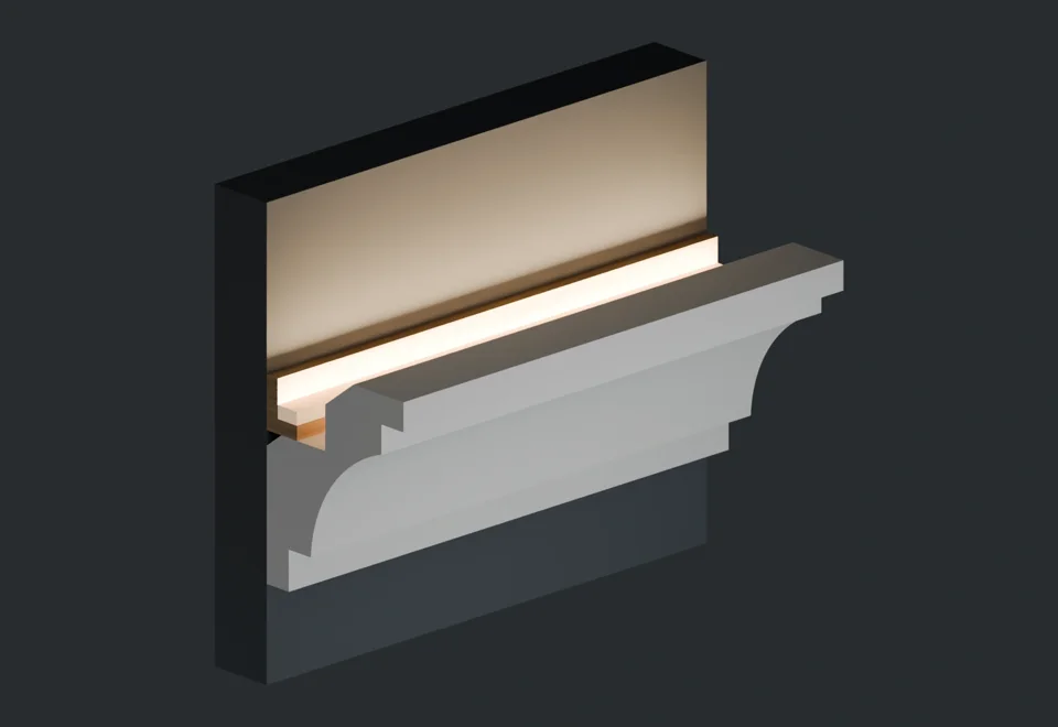 Cutaway illustration of LC-04 showing the moulding profile beneath the concealed light source.