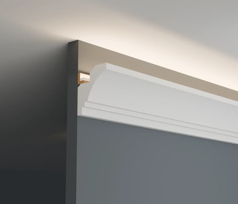 Close-up illustration of the LC-06 curved profile and narrow trim bands below the light cove.