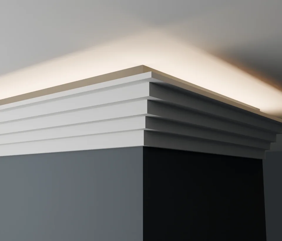 LC-08 light-cove moulding with multiple horizontal steps around an outside corner.