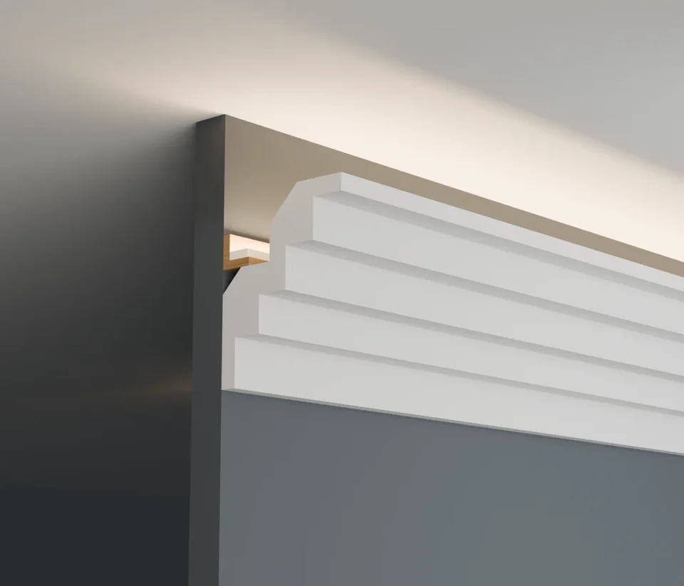 Close-up illustration of the layered LC-08 profile beneath a warm ceiling glow.
