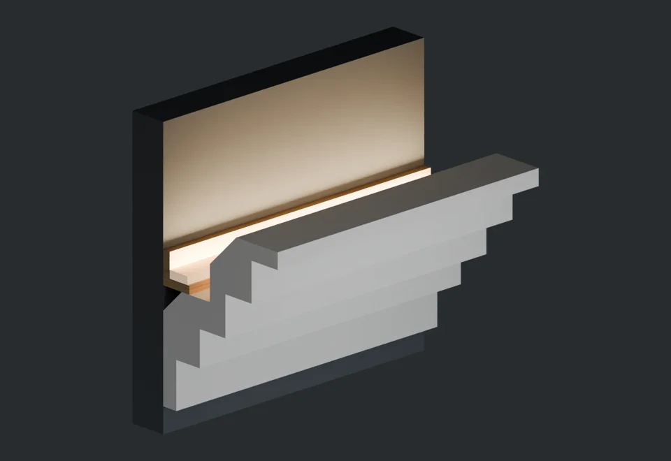 Cutaway illustration of the stepped LC-08 moulding and concealed upward light.
