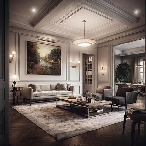 Living room with layered crown moulding around the ceiling.