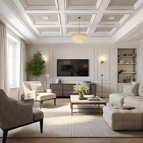 Living room with a white coffered ceiling and recessed square panels.