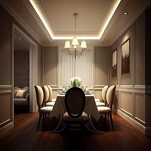 Dining room with warm concealed lighting around the recessed ceiling.