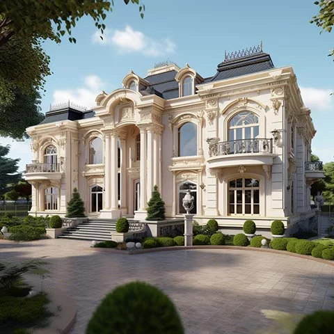 Large house with columns, decorative window surrounds and a curved entrance.