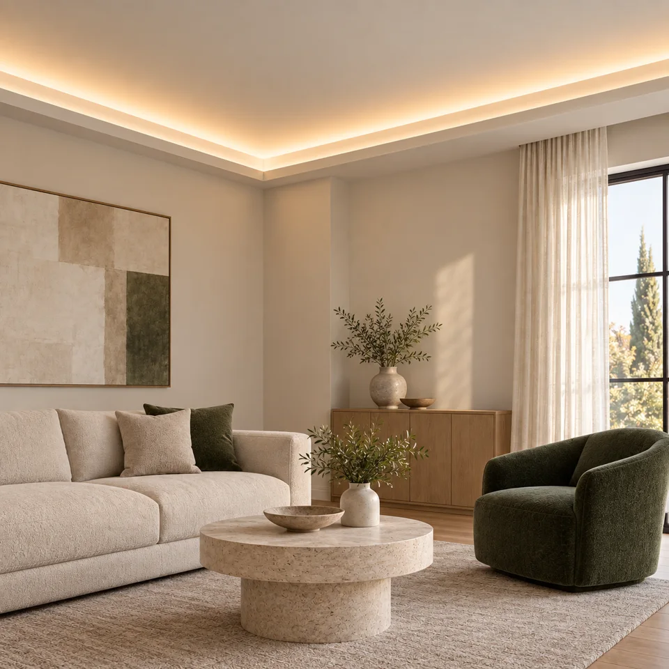 AI-generated interior concept with ivory furnishings, a deep-green armchair and moulded light coves casting warm light upward onto the ceiling.