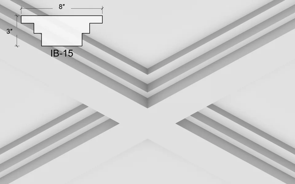 IB-15 ceiling design illustration with a stepped profile and an 8 × 3 inch cross-section.