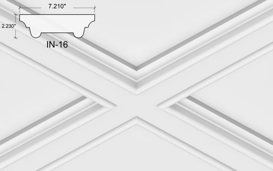 IN-16 ceiling design illustration showing curved shoulders, rounded lower edges and the actual 7.210 × 2.230 inch profile.