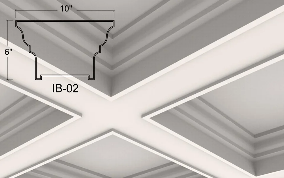 IB-02 coffered ceiling illustration. Broad curved shoulders narrow into straight lower sides, with a small recessed channel under the beam. The illustration shows a pronounced transition from the panel to the crossing grid.