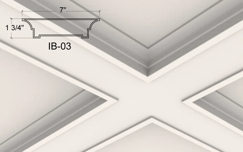 IB-03 coffered ceiling illustration. A low-profile shape with a thin upper lip, gently curved shoulders and a narrow bottom recess. It creates a restrained border around the square panels.