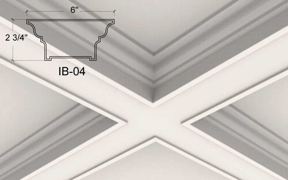 IB-04 coffered ceiling illustration. Compact double-curved shoulders lead into a straight lower face. The small steps at the transitions give the panel edge a traditional moulded outline.