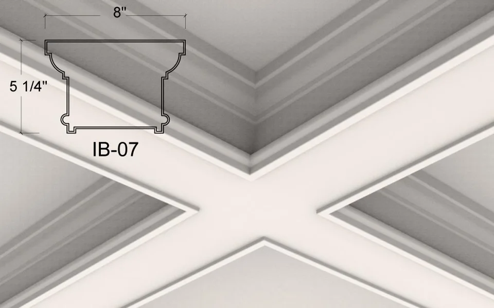 IB-07 coffered ceiling illustration. Rounded upper shoulders frame straight central sides, with a small bead near the lower edge. That lower detail draws a distinct line around the panel border.