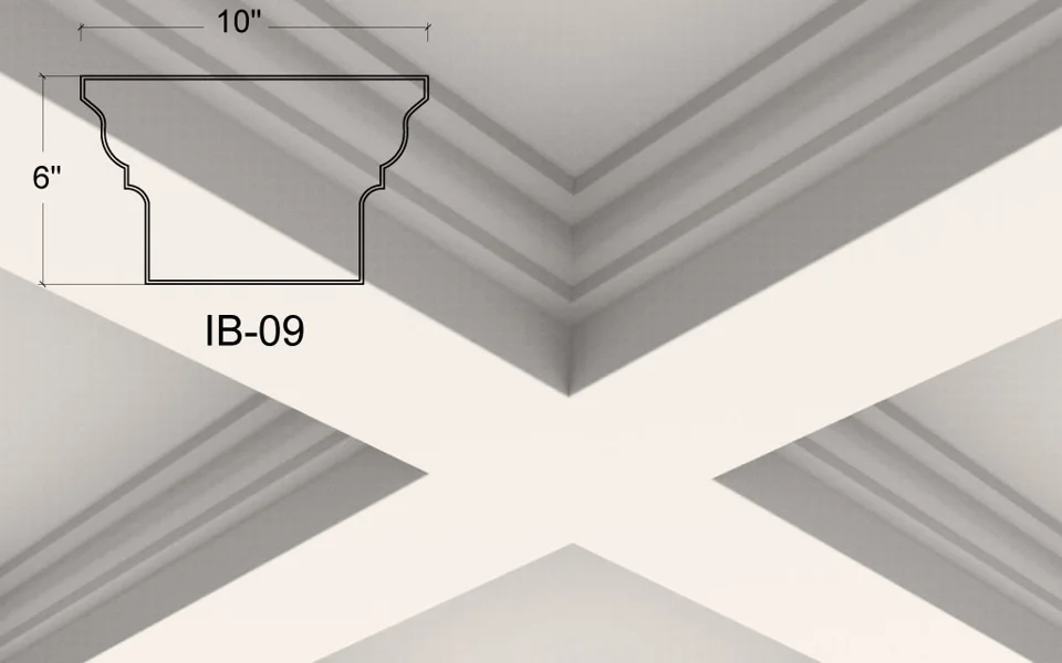 IB-09 coffered ceiling illustration. Curved shoulders and a small midway step meet a plain, flat underside. It gives the grid a traditional curved border with a simpler bottom face.