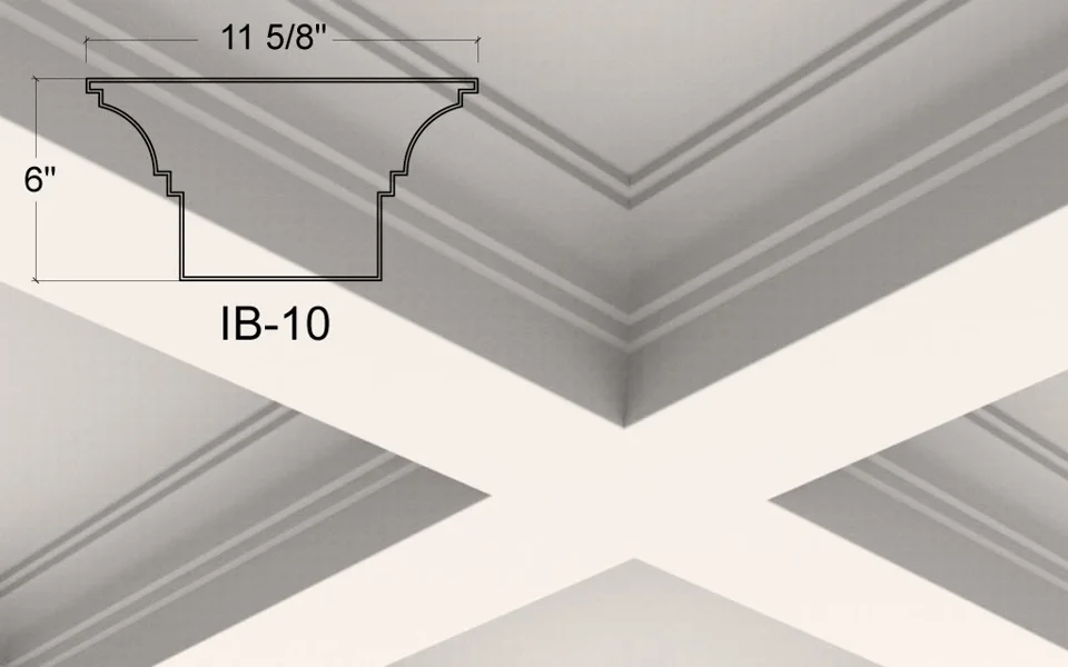 IB-10 coffered ceiling illustration. A projecting top lip sits above broad curved shoulders and a pair of crisp steps. The narrowed lower face makes a clear contrast with the wider frame around each panel.