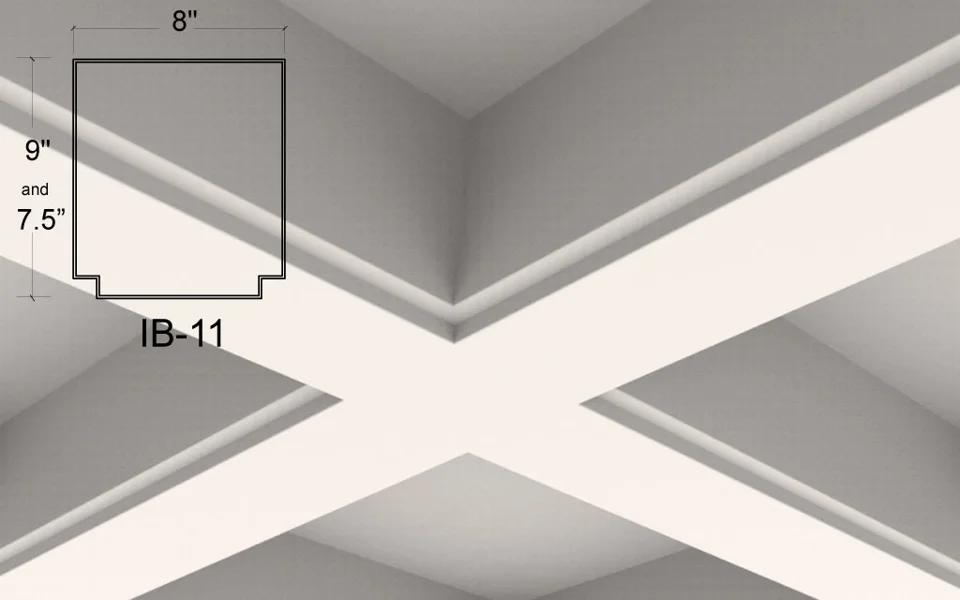 IB-11 coffered ceiling illustration. Straight vertical sides end in a small square step along the bottom. This gives the ceiling grid a clean rectangular form without the curved shoulders of the moulded profiles.