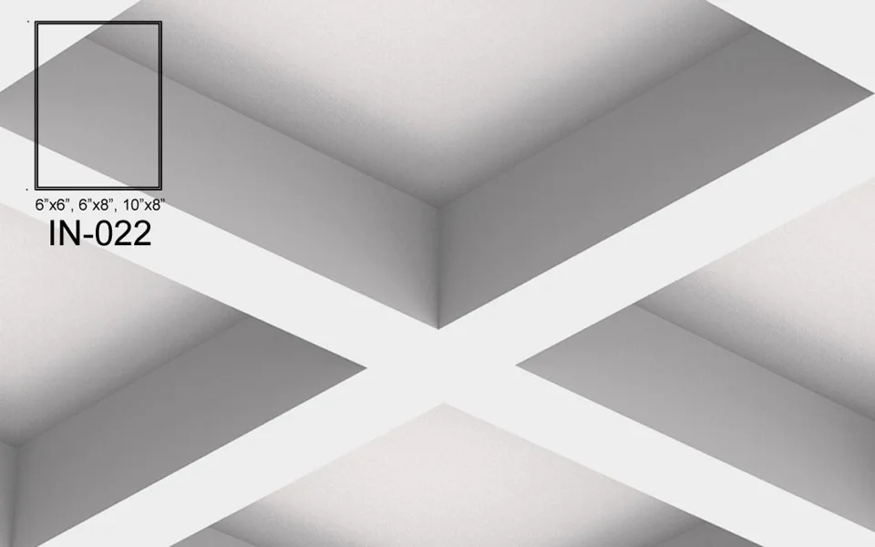 IN-022 coffered ceiling illustration. A plain rectangular beam with flat faces and square corners. The unadorned outline creates a simple geometric grid around the ceiling recesses.