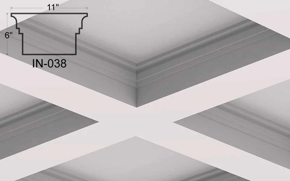 IN-038 coffered ceiling illustration. A broad top rolls into short square steps and a tall straight lower face. The curved shoulders soften the otherwise angular frame around the ceiling panels.