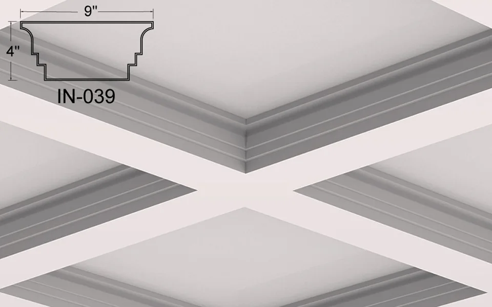 IN-039 coffered ceiling illustration. A compact profile with small curved upper shoulders and an inward square step on each side. Its flat underside forms a crisp crossing grid beneath the recessed panels.